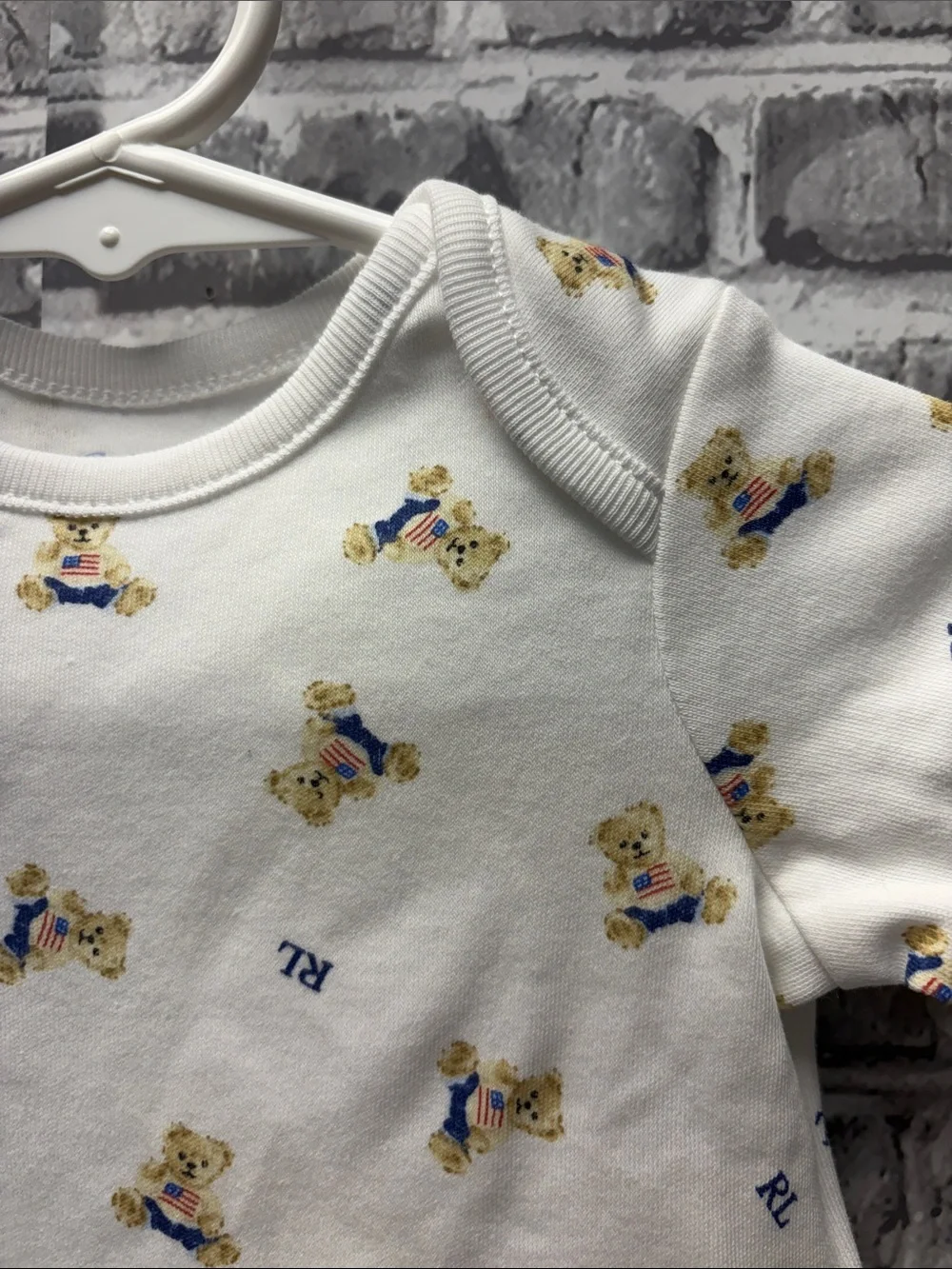 Ralph Lauren White Teddy Bear Print Long-Sleeve Baby One-Piece